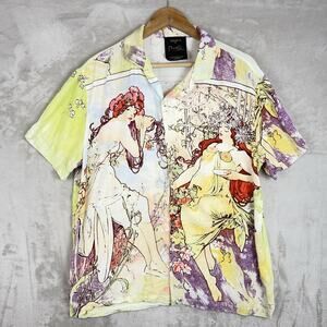 Forever 21 X Alphonse Mucha Men Button Down Shirt Size L Short Sleeve Art Design